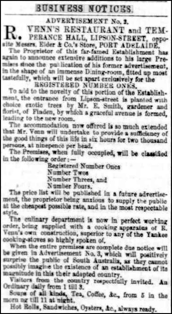 Bob’s Advertisement of 9th June 1858. Note the extent of renovation to his restaurant in order to gain business