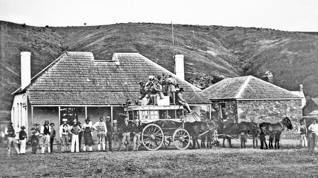 Stage coach at Horseshoe Inn, Noarlunga, heading to the Oddfellow's Picnic at Aldinga in 1860.