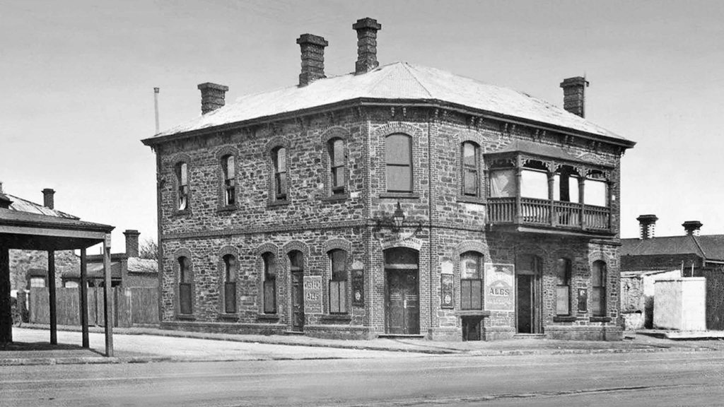 The Edinburgh Castle Hotel at 233 Currie St cnr Gray St – the Venn home from 1861 to 1881. The building behind was likely Bob’s butcher shop. This is an edited version of a 1927 photograph with electric poles and wires and tram lines removed more reminiscent of how it may have looked about 1880
