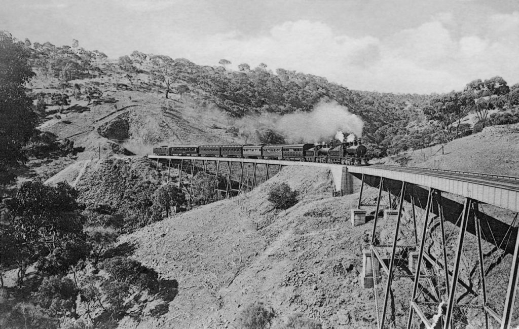 The ‘Melbourne Express’ in the Hills about eight miles from Adelaide, circa 1901. Andrew often rode this train, sometimes as far as Western Victoria.