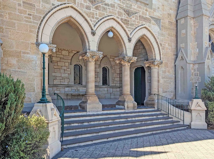 Entrance of Clayton Congregational Church Norwood in 2025: Bob and Gert stood here after their marriage