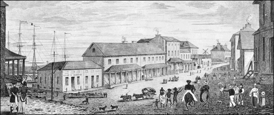 Sydney when Bob arrived: Lower George Street, near the wharves. 1828.