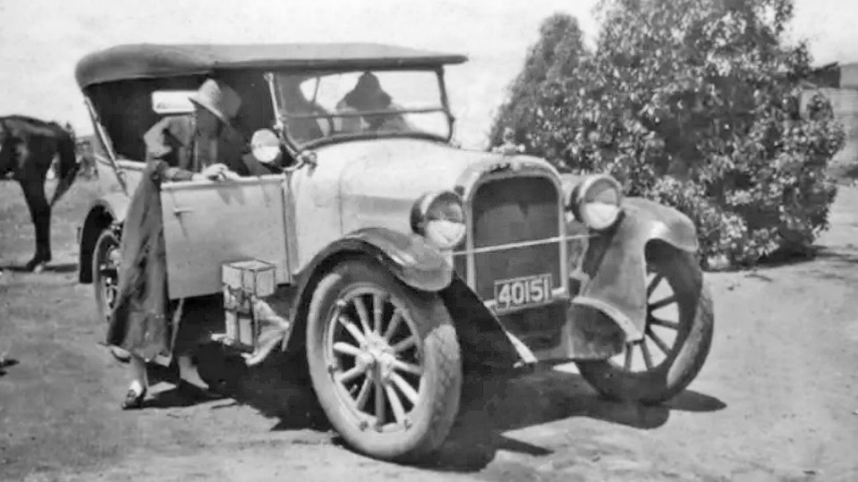 A 1934 Dodge Tourer with petrol tin strapped to the running board