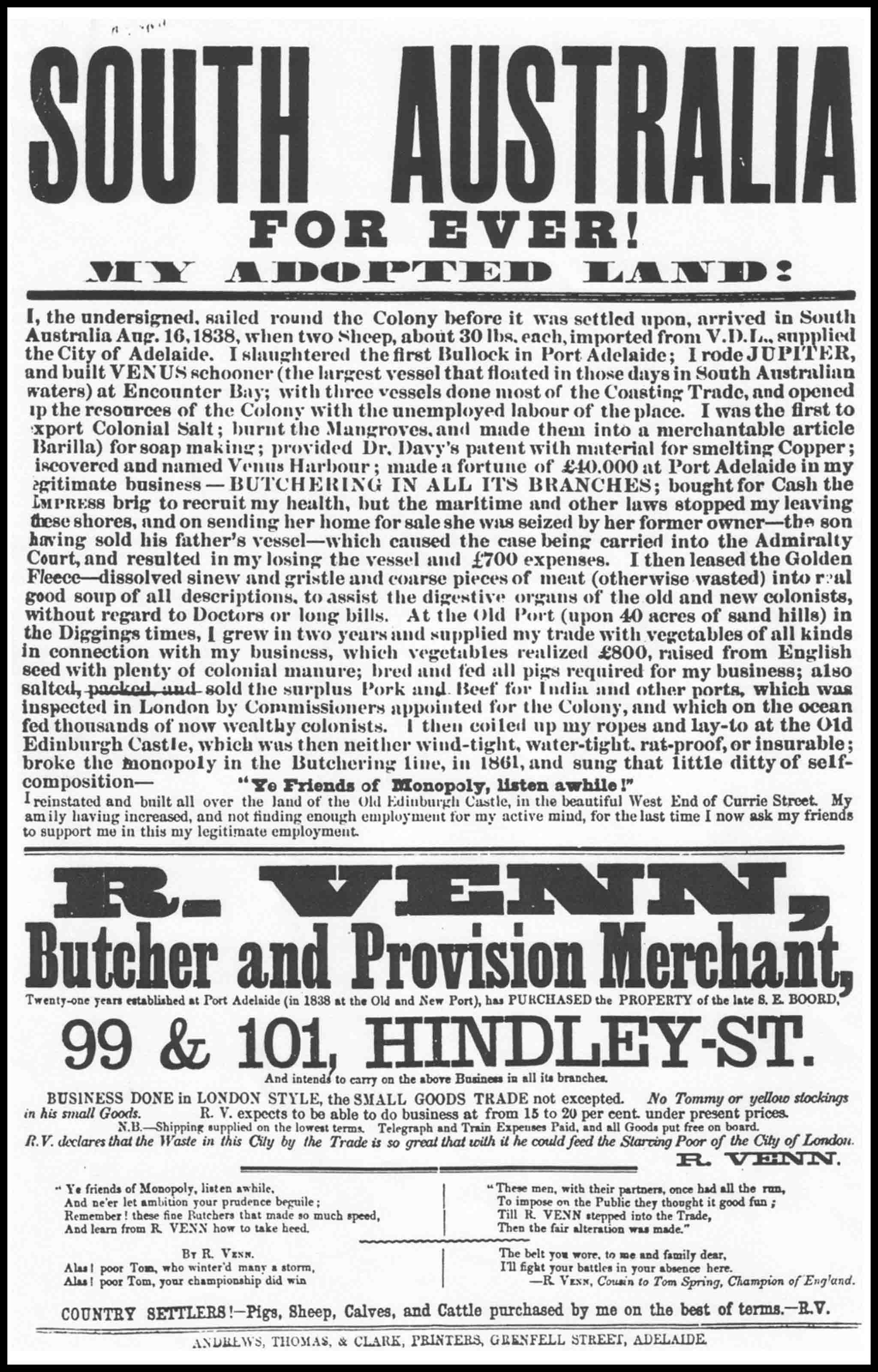 Bob’s 1870 Advertisement for his new Hindley Street Shop