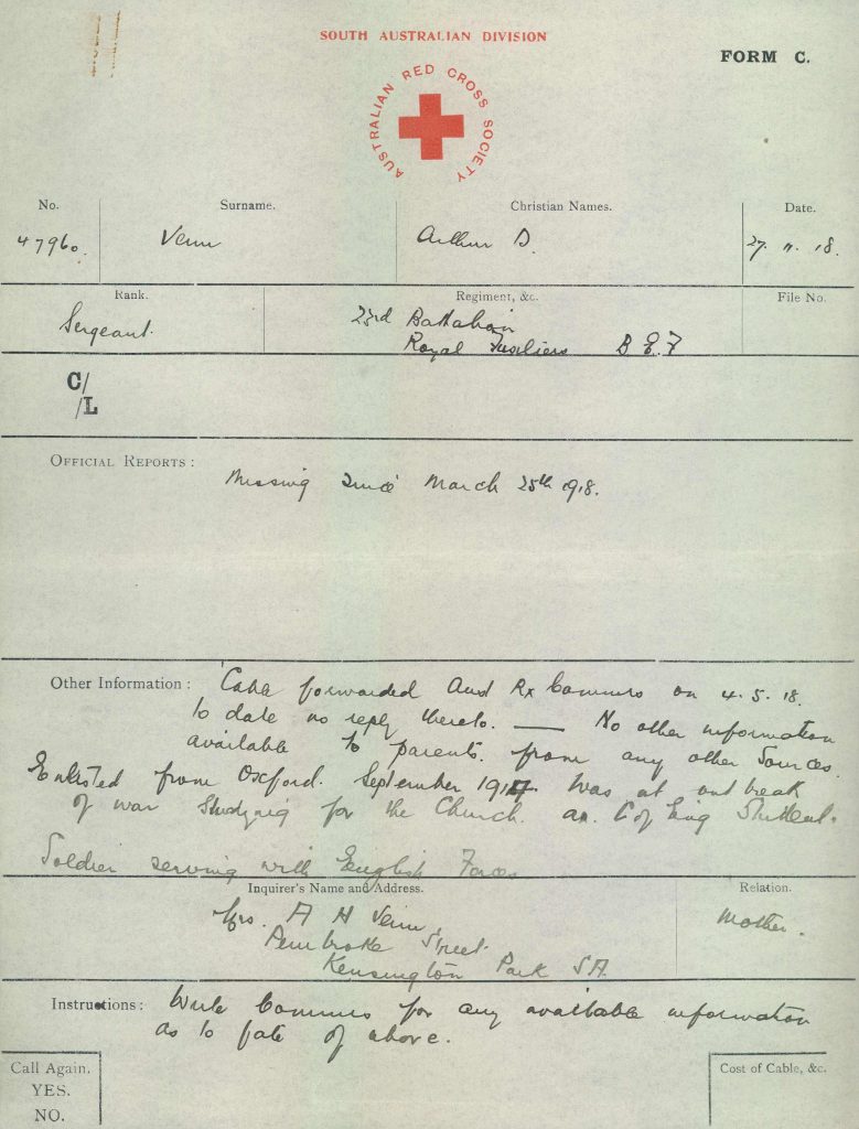 Arthur Danks Venn Red Cross record 